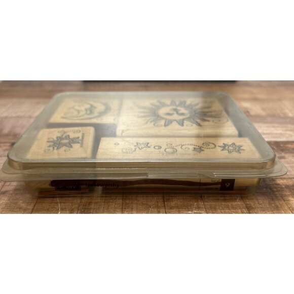 2000 STAMPIN' UP! Sun Moon & Stars Wood Mounted Rubber Stamp set of 4 Celestial - Picture 3 of 4